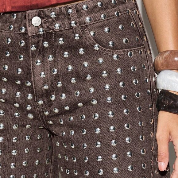 Women's metallic Studded Wide Leg Jeans bottons pants - Picture 4 of 5